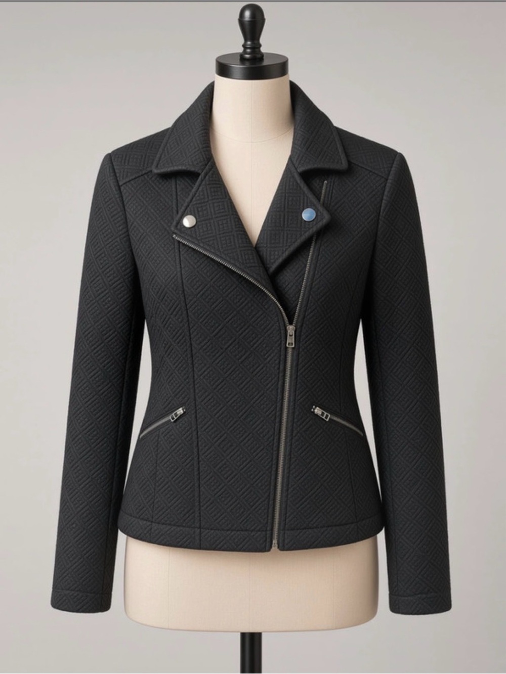Roz & Ali Black Quilted Asymmetrical Moto Blazer